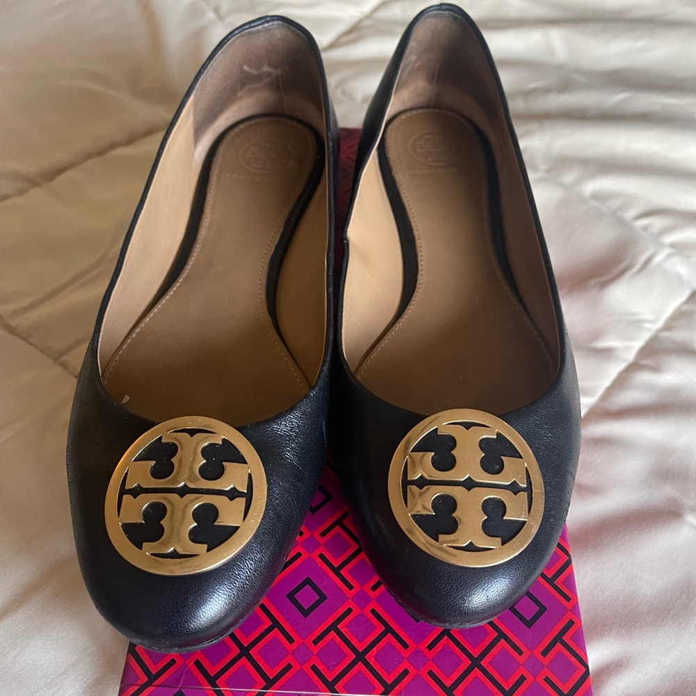 Tory Burch Black Flats with Gold Emblem